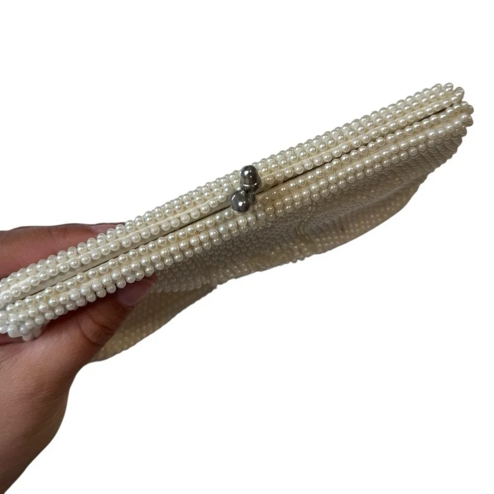 Vintage 1960 Bon Soir‎ Italian Pearl Cream Clutch Purse Beads Silk Wedding B72Q